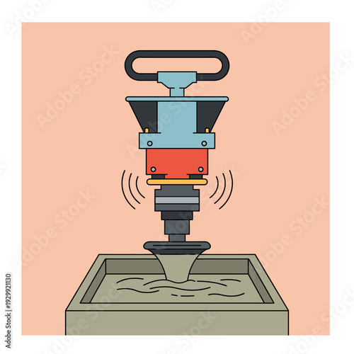 An illustration of a vibratory compactor machine pressing down into a container of wet concrete, showing the process of compaction.
