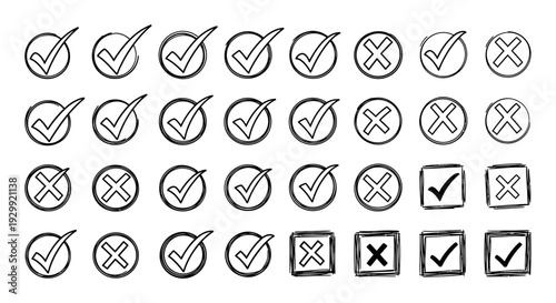 hand-drawn check mark and cross symbols set indicating approval denial and selection for surveys voting and task lists