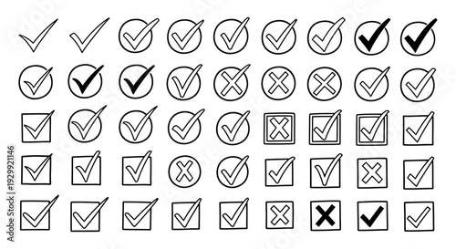 hand-drawn checkmark and x-mark symbols for user interface design surveys and task completion signifying approval denial and choices