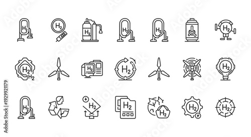 hydrogen energy line icons set showcasing sustainable fuel production storage and usage representing the future of clean technology.