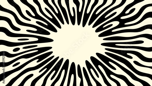 Abstract organic radial sunburst background with fluid wave shapes, minimal black and beige retro pattern, balanced geometric decorative modern vector illustration