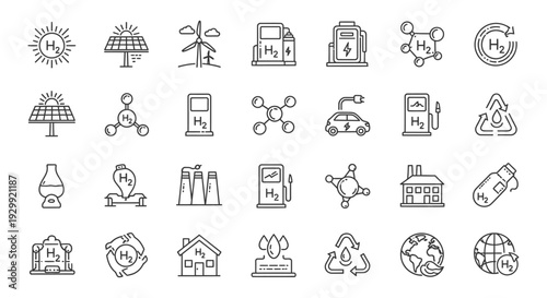 hydrogen energy icons collection illustrating clean power solutions production and sustainable future technology for environmental initiatives.
