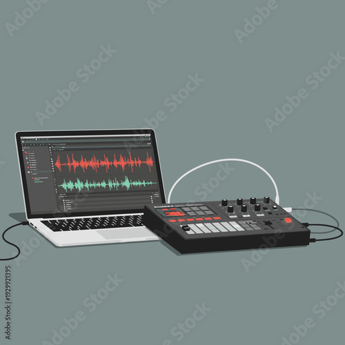 Laptop and music production controller connected, displaying audio waveforms for sound creation and editing.