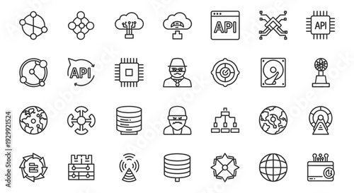 line icons set digital technology data networking api cloud computing and cybersecurity concepts for web design.