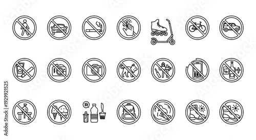 linear outline prohibition signs set illustrating various forbidden activities and public area rules and regulations.