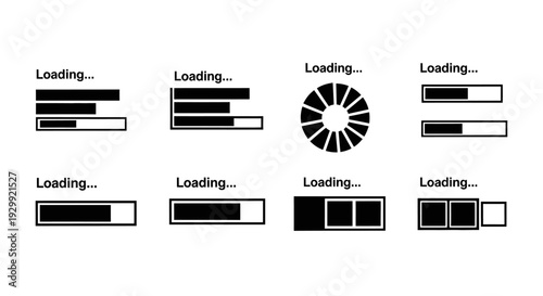 loading bar and progress indicator icon set for web and app interfaces depicting digital processing status and user experience design.