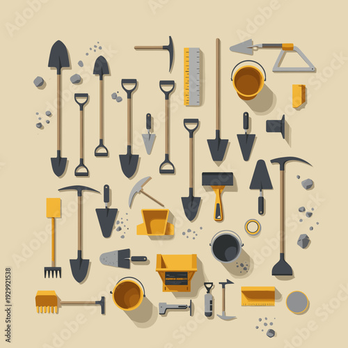 A collection of various flat design digging and gardening tools with small stones arranged on a light background.