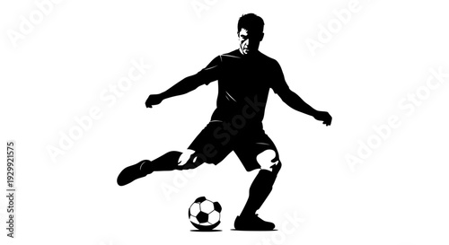 male soccer player silhouette in a powerful kicking action striking a football isolated on white for sports designs.