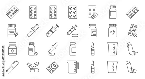 medical and pharmacy line art icons set featuring essential healthcare elements like pills bottles syringes and inhalers.
