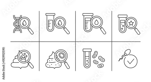 medical diagnostic outline icons representing dna blood stool and fertility lab tests for health analysis and scientific research.