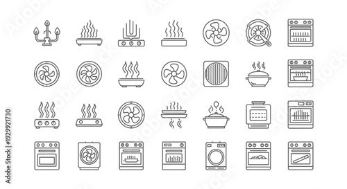 modern kitchen appliance line icons illustrating various cooking heating and ventilation functions for home and kitchen technology.