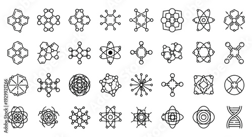 modern scientific icons vector set illustrating diverse chemistry physics and biology symbols for education and research.