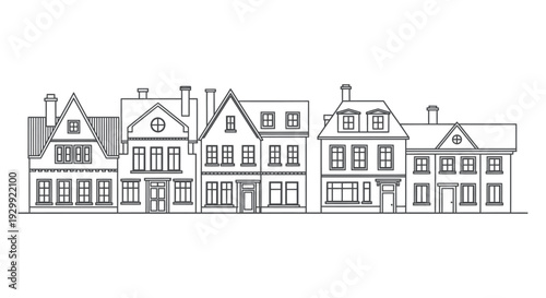 simple line art illustration of charming european-style houses ideal for urban design and architectural concepts.
