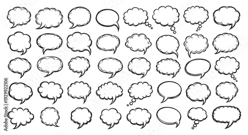 sketchy hand-drawn comic speech and thought bubbles collection for design projects illustrating dialogue and communication concepts.