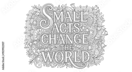 small acts change the world coloring page an intricate floral and mandala pattern illustration for relaxation.