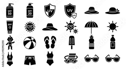 summer sun protection and beach vacation icons a complete set of essentials for hot weather and outdoor leisure safety.