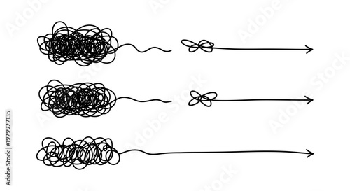 tangled messy lines untangling into clear arrows illustrating complex problems becoming simple solutions and clear direction