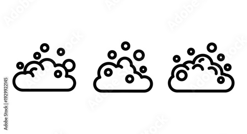 three minimalist line art icons illustrating soap suds and bubbles on white ideal for cleaning products or hygiene infographics.