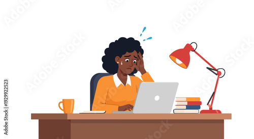 Stressed African American Woman Overwhelmed by Workload and Deadlines at Office Desk, Experiencing Burnout While Working on Laptop