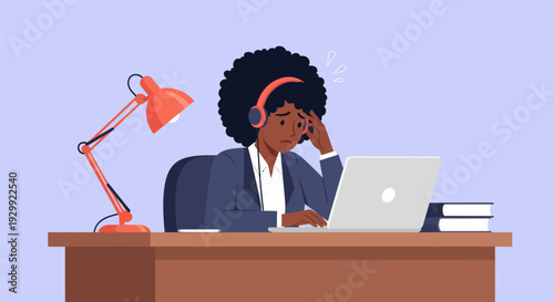 Stressed African American Woman with Headphones Working on Laptop, Feeling Overwhelmed and Burned Out in Home Office - Vector Illustration