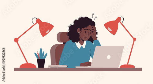 Overwhelmed Black Woman Working on Laptop, Stressed and Confused with Work Pressure at Desk. Burnout, Mental Health, Remote Work Challenges