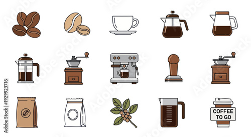 Coffee Icons Set: Beans, Grinder, Machine, Cup, French Press, To Go