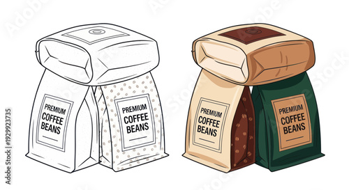 Coffee Beans Packaging - Line Art and Color Vector Illustration