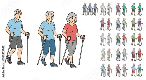 Active elderly women enjoying nordic walking with poles, depicted alongside a diverse group of senior citizens engaging in walking activities on an isolated white background.