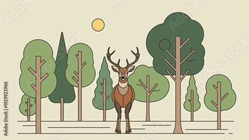 Deer Standing in Forest with Antlers.