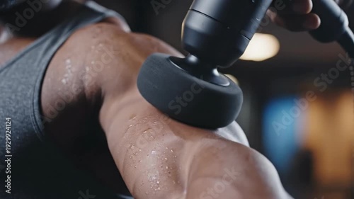 Wallpaper Mural Person Using Muscle Massage Gun for Recovery in Gym Torontodigital.ca