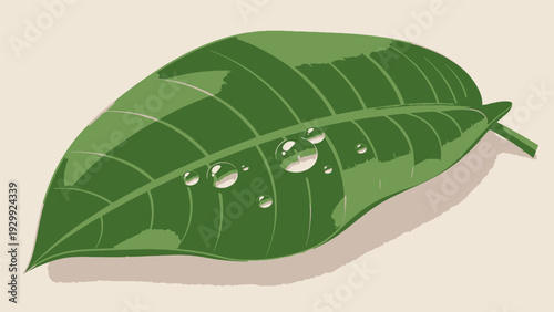 Green Leaf with Water Droplets Illustration.