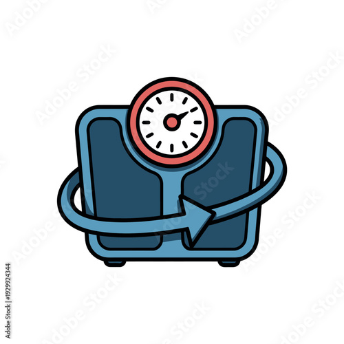 A blue bathroom scale with a red and white dial and a curved arrow indicating weight loss.