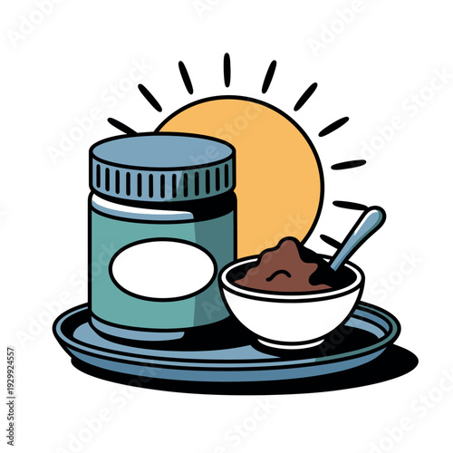 A cartoon illustration of a jar and bowl of chocolate on a plate with a sun in the background