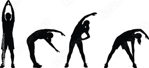 Black silhouettes of people performing fitness stretching exercises and yoga warm up poses for healthy lifestyle, athletic workout, wellness, and flexibility training concepts.