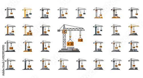 Collection of industrial crane icons in various configurations and states.