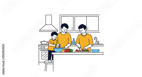 Family cooking together in a modern kitchen with simple decor.