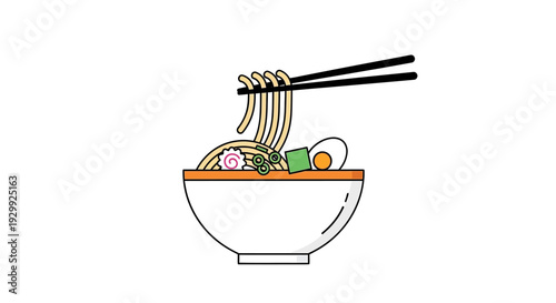 A bowl of noodles being lifted with chopsticks, simple line art illustration.