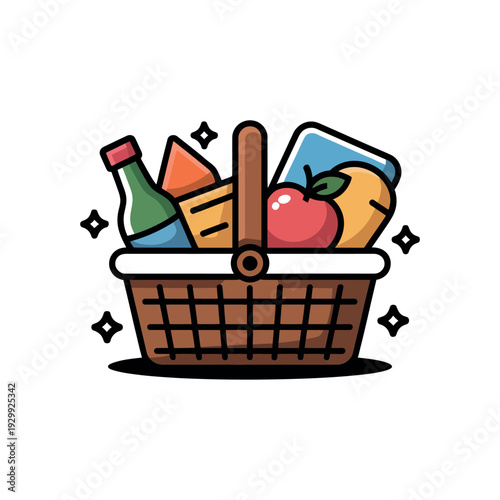 A cartoon illustration of a brown shopping basket filled with various grocery items on a white background