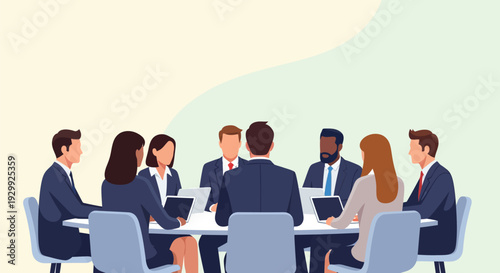 Professional Business Meeting Illustration: Diverse Corporate Team Collaboration and Strategy Session at Conference Table