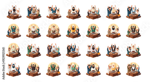 Collection of assorted trophies on wooden pedestals arranged in grid pattern.