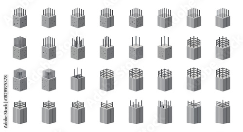 Collection of 3D rendered metal cube icons with varying rebar configurations.