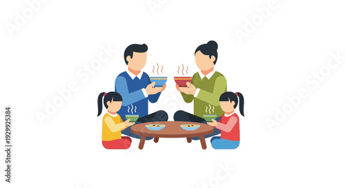 Family having a meal together at a wooden table.