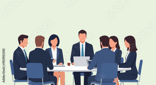 Corporate Team Meeting and Business Strategy Discussion. Professional Employees Collaborating Around a Conference Table. Flat Vector Illustration with Copy Space.