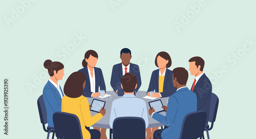 Diverse Business Professionals Meeting at Round Table. Corporate Boardroom Discussion, Strategy, and Collaboration. Flat Vector Illustration.