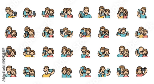 Cartoon illustrations of people taking selfies together in various poses.