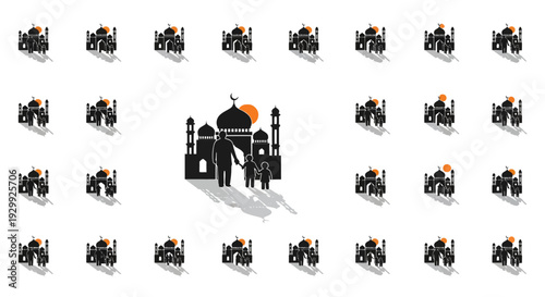Unique mosque icon surrounded by identical robot icons on white background.