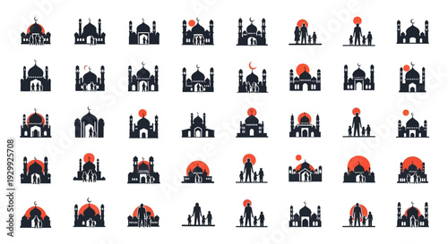 Collection of Islamic Mosque Silhouettes with Red Accents.
