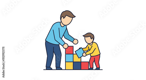 Father and son playing together with colorful building blocks.