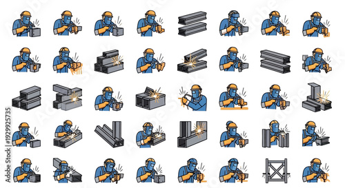 Construction worker isometric illustrations set with various tasks and equipment.