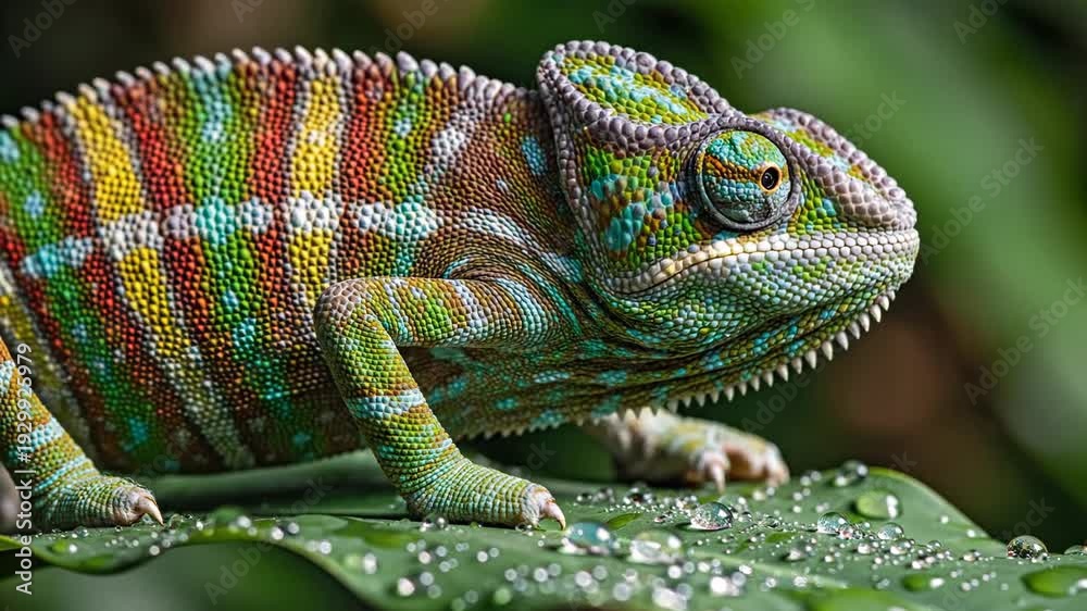 custom made wallpaper toronto digitalVibrant Chameleon Perched on Wet Leafy Branch